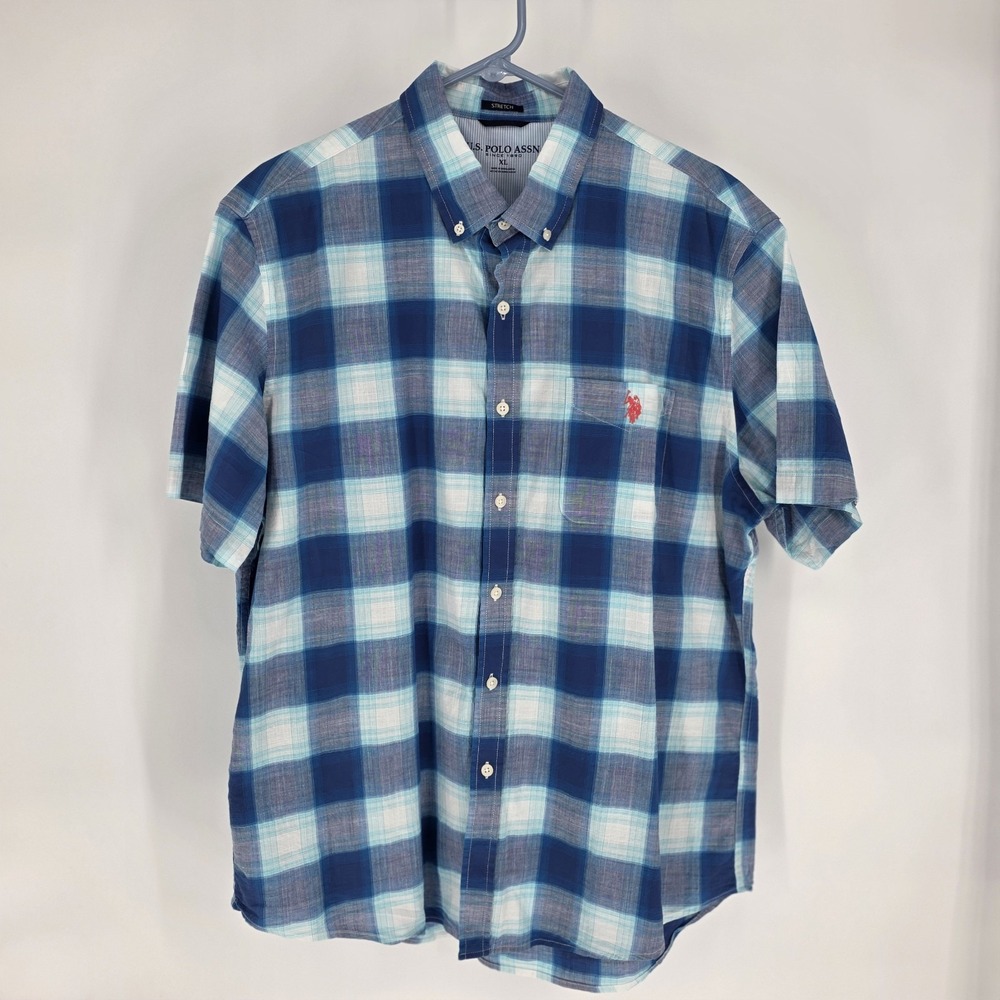 U.S. Polo Assn. Button Down Shirt Mens XL Blue Plaid Short Sleeve Stretch